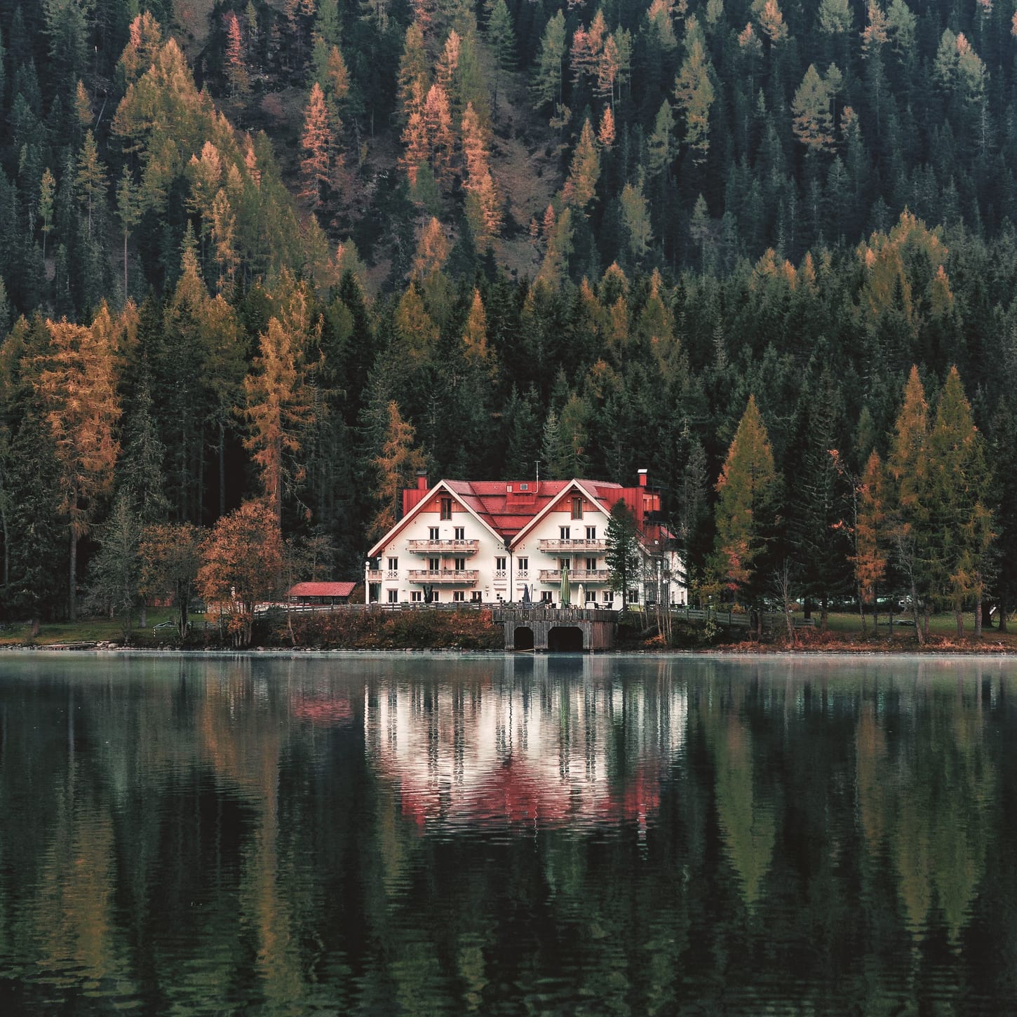 Un hôtel de montagne au bord d'un lac, forêt en automne.
