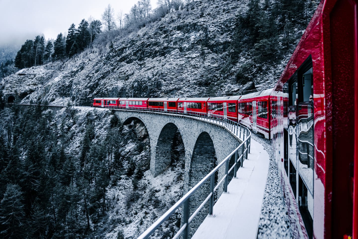 Panoramic train, glaciers and viaducts from the window.