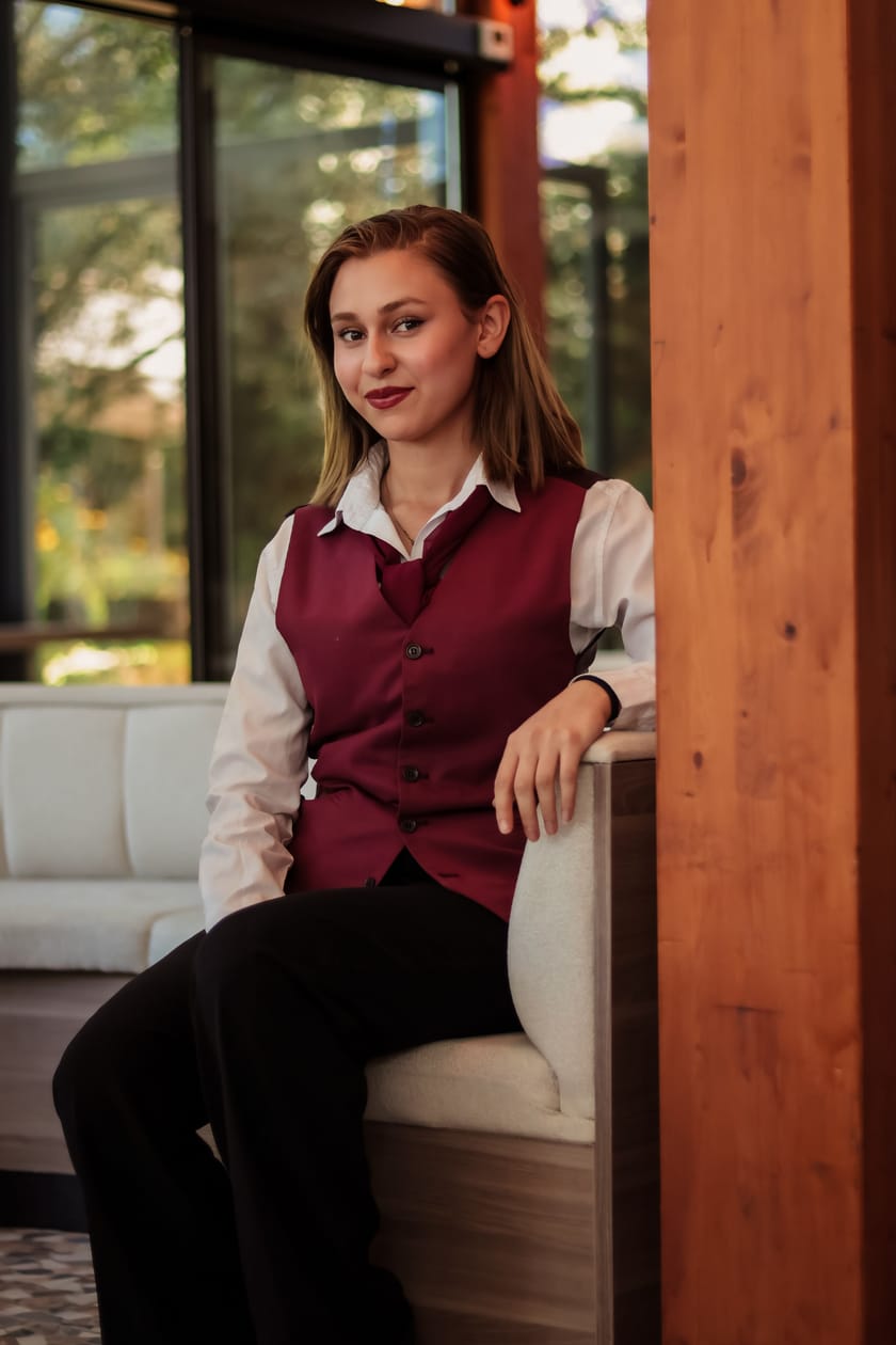 A young professional at work in a luxury hotel.