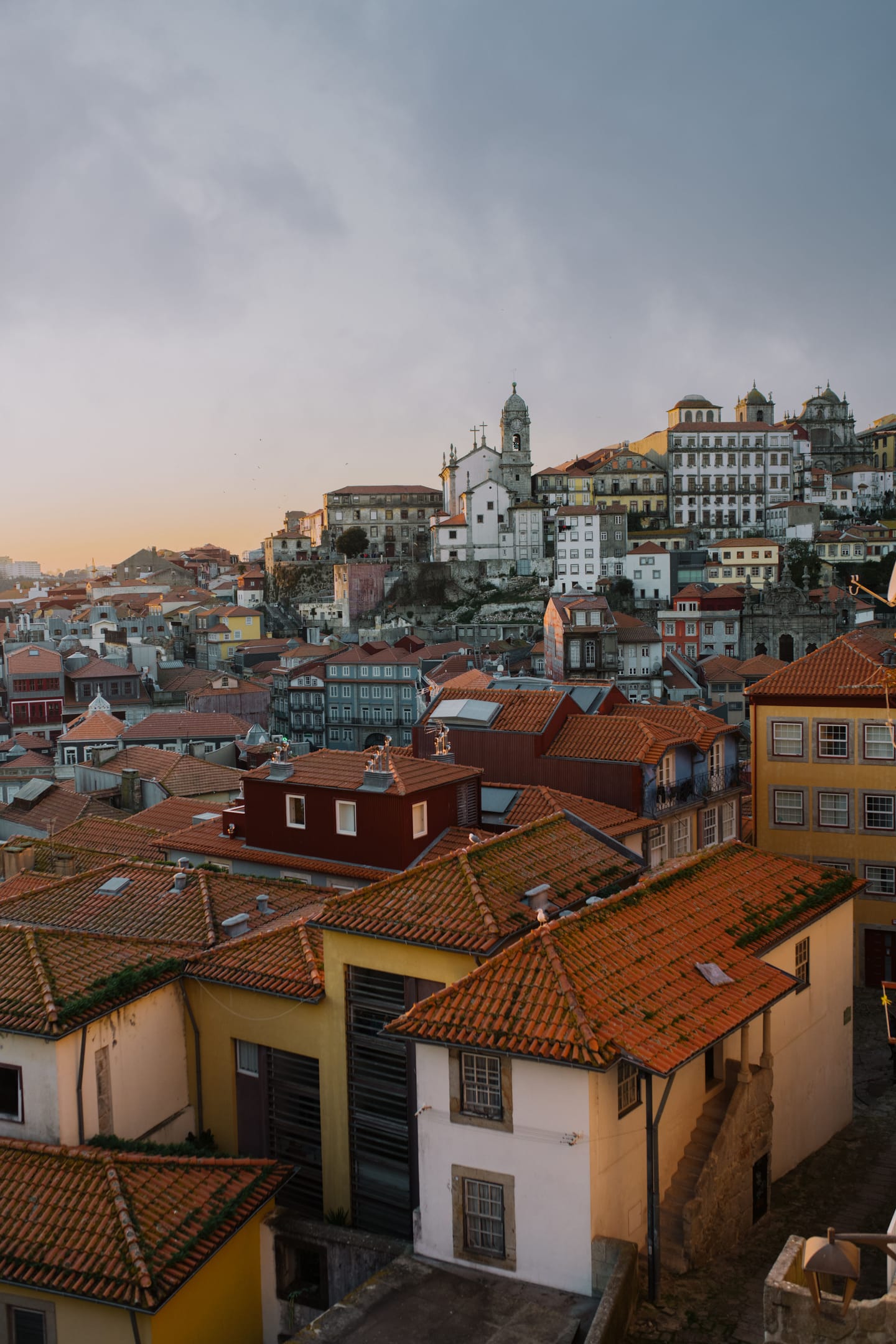 Terrace of a Lisbon palace at dusk, view over the Tagus.